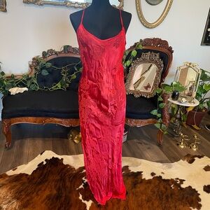 Vintage Y2k Shirley of Hollywood Floral Satin Slip Dress V-Neck Size Large Red
